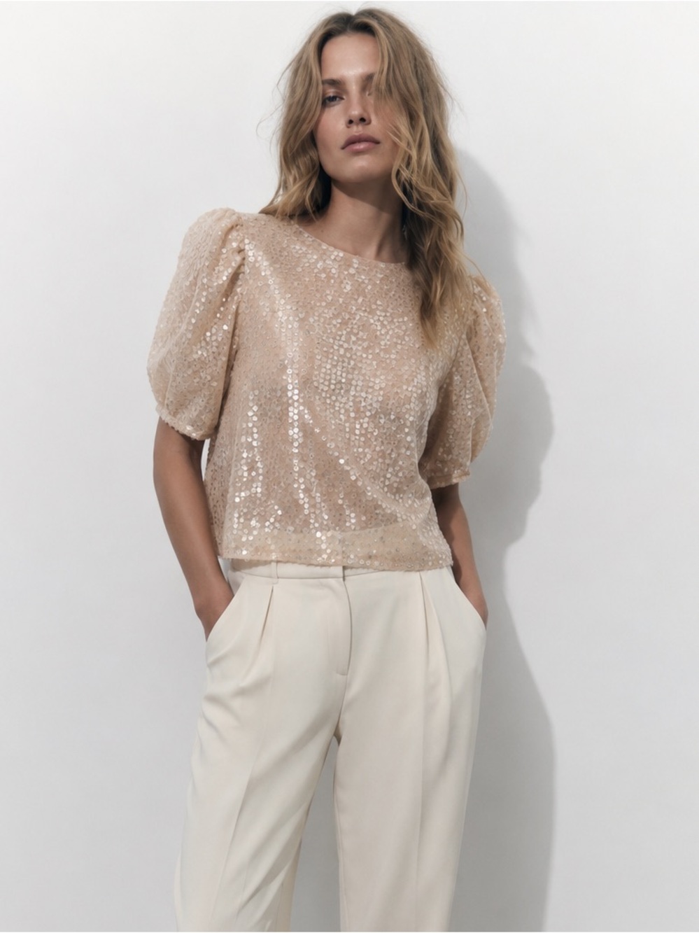 Zara Sequin Mesh Top Women’s Large L Champagne Nude Puff Sleeve Party Evening